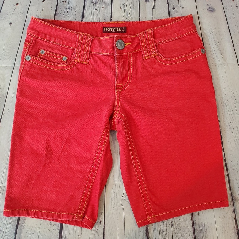 Hot Kiss Red Denim Bermuda Shorts Contrast Stitch Size 3 26 851298C